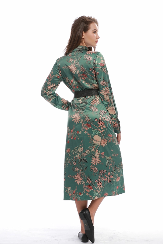 Women Casual Elegant Vintage Floral Satin Mid-Calf Long Sleeve Belted Tunic Shirt Dress