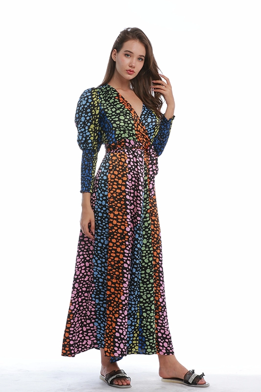 Long Sleeve Colorful Dot Printed Elegant V Neck Women's Gown Casual Dress