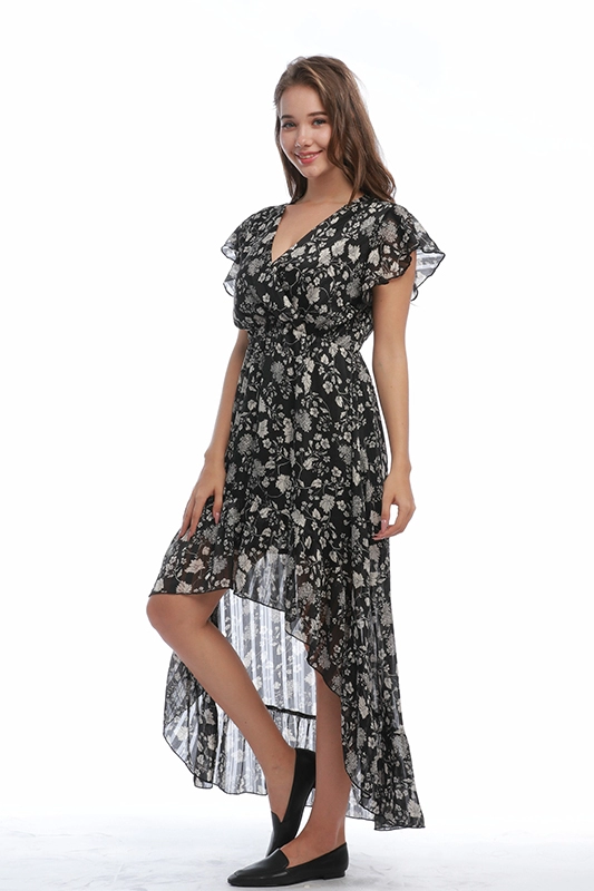 Chiffon Ruffled Sleeve Elastic Waist V Neck Summer Midi Dress Women Casual Floral Dresses