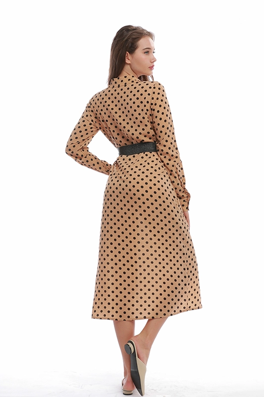Elegant Vintage Dress A-line Long Sleeve Turn-down Collar Polka Dot Dresses