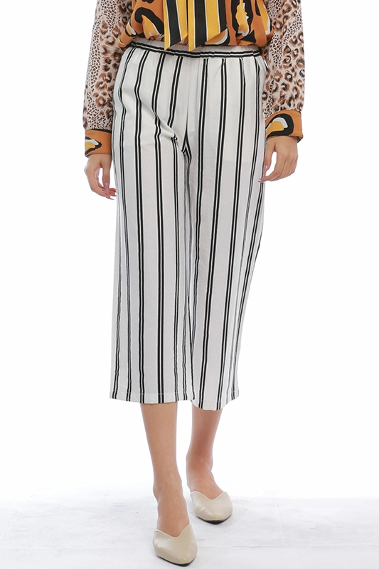 Trendy Casual Elastic Waist Straight Wide Leg Striped Women's Pants Ladies Cropped Trousers
