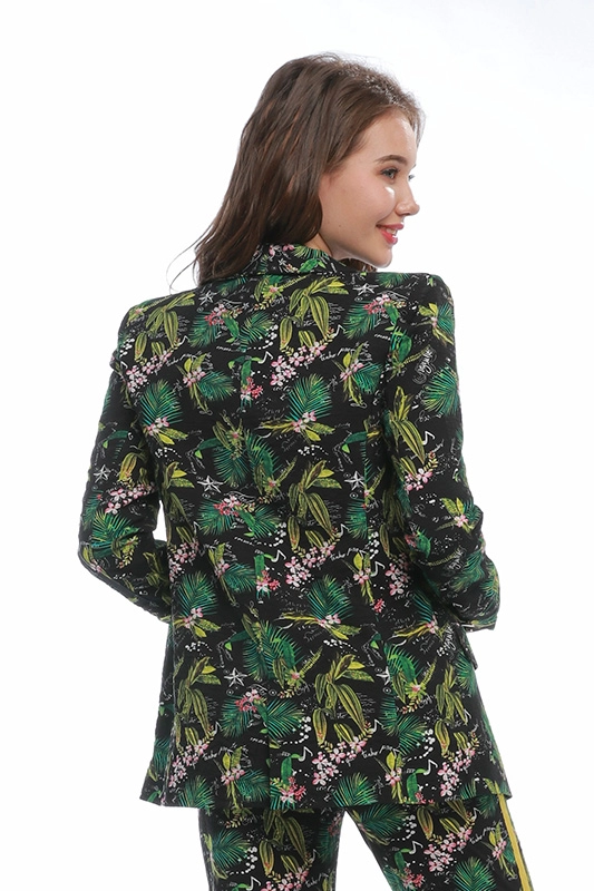 High Quality Long Sleeve Thin Green Print Floral Knitted Ladies' Suits Women Blazers