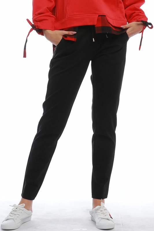 Women's Solid Black Elastic Waist String Activewear Sweat Joggers Cuff Pants