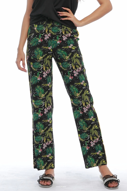 Chinese Factory Casual Straight Elastic Waist Side Tape Printed Chiffon Pants Women Trousers