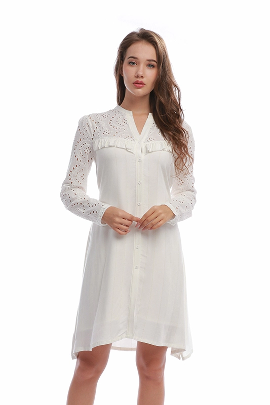 Retro Women Button-Front Lace Hollow Out Jersey Clothes Shirt Casual Dress​