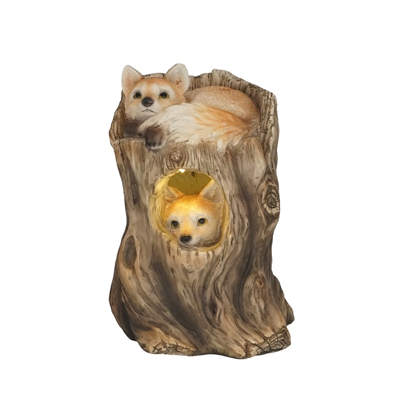 MGO rustic stump with foxes garden solar figurines