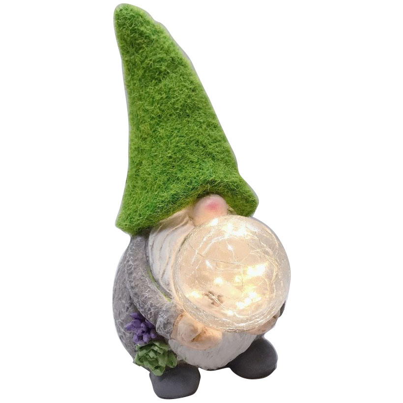 Solar Powered Resin Garden Gnome with Crackle Glassball