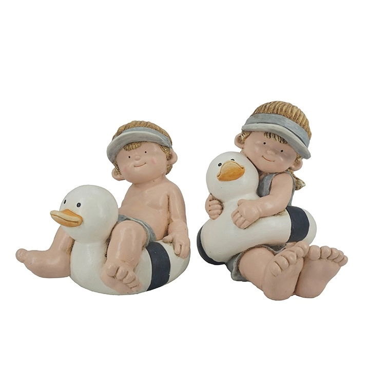 Garden decoration figurines MGO boy&girl with Duck buoy