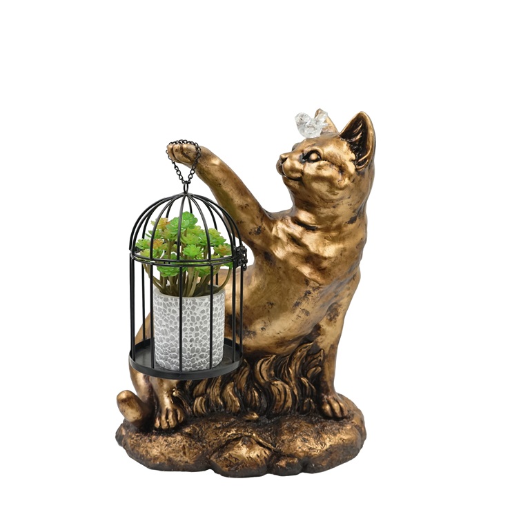 MGO Playing Cat Figurine with Solar Light and Cage