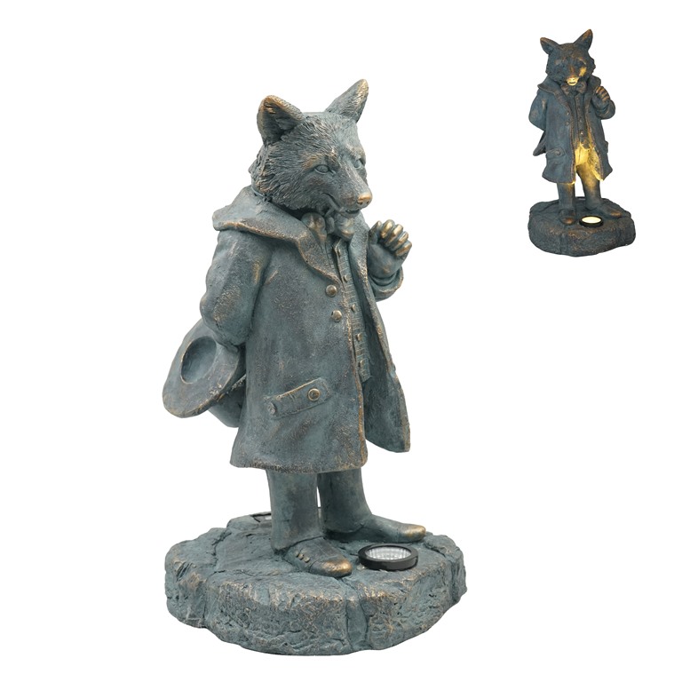MGO Suited Bronze Fox Figurine with Solar Powered Light