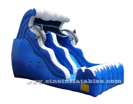 18' high blue wavy kids dolphin inflatable slide for outdoor playground