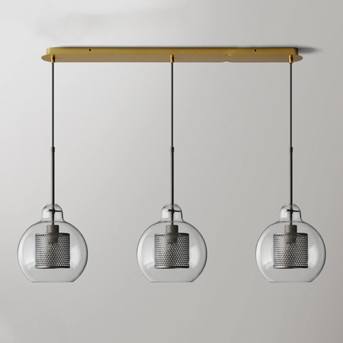 Modern Brass Round Clear Glass Pendant Light With Perforated Metal Inner Shade