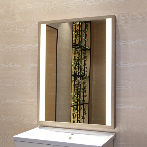 Rectangular Wall Mounted Wood Framed LED Mirror in Oak Finish
