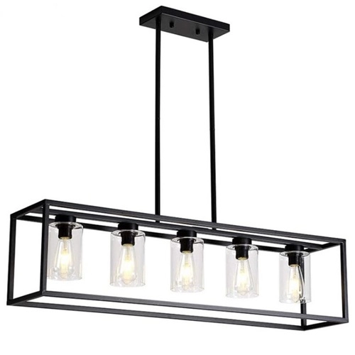 5 Light Black Rectangle Hanging Linear Pendant Light With Clear Glass Shade