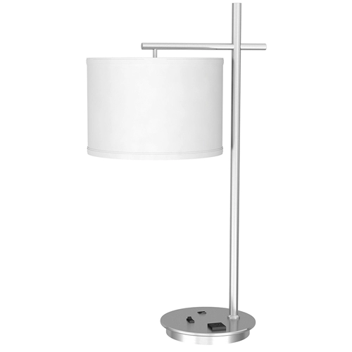 Brushed Nickel White Drum Shade Bedside Table Lamp With Power Outlet and USB Port