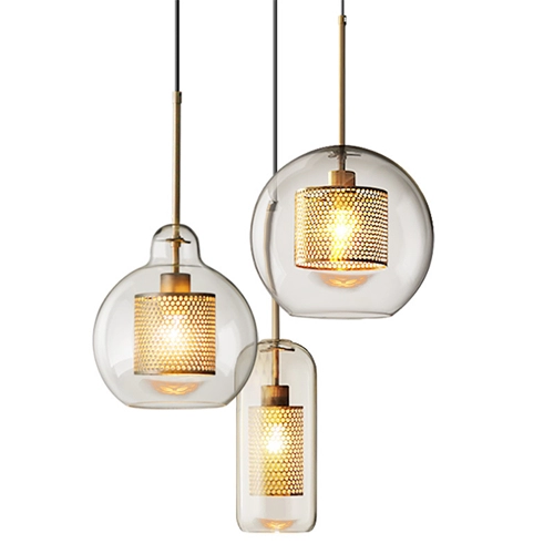 Modern Brass Round Clear Glass Pendant Light With Perforated Metal Inner Shade