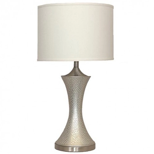 Hourglass Silver Metal Hammered Bedside Table Lamp With Drum Shade