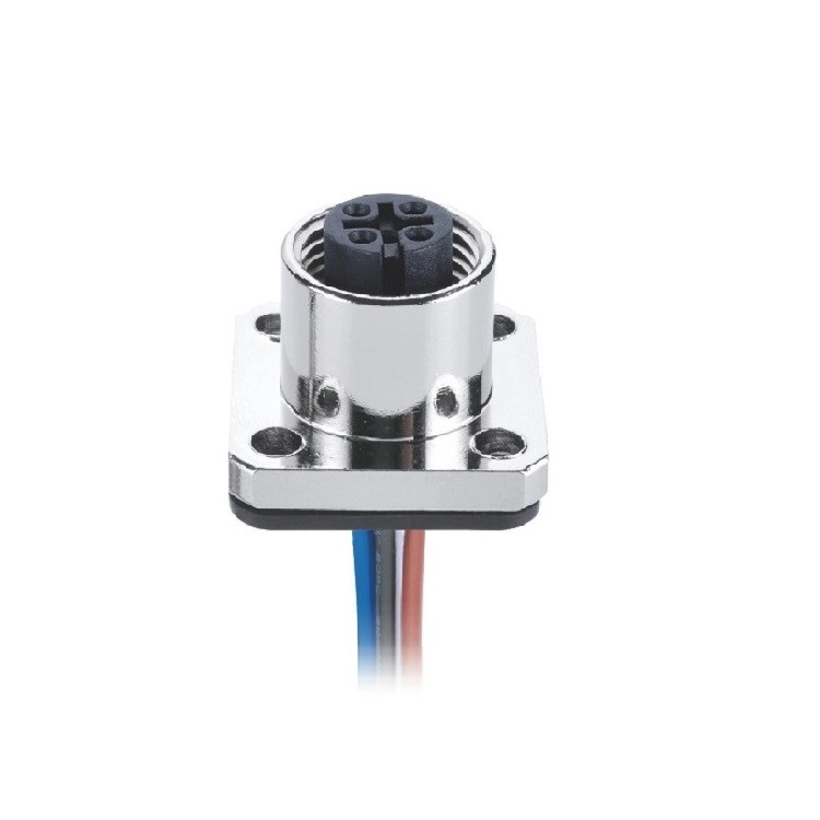 M12 A-Code 4Pin female square flange type panel mount connector with 30cm 22AWG single wires