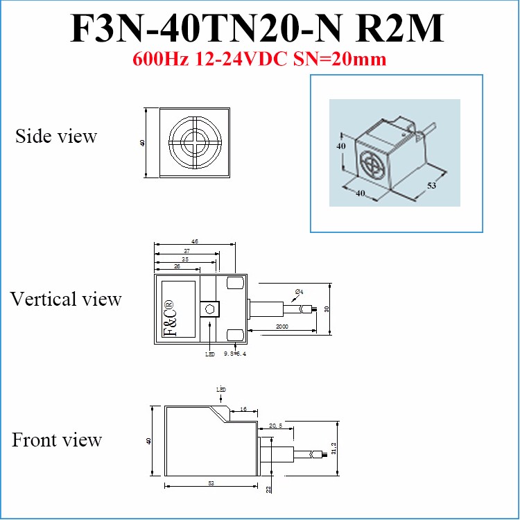 F3N-40TN20-N horizontal detector 20mm metal inductive proximity sensor switch IP67 water-proof