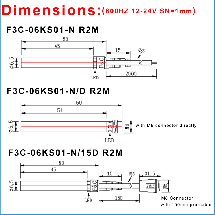 Diameter 6.5mm PNP-NO 1mm 2mm Shield type Inductive Sensor Ferrous Proximity Sensor
