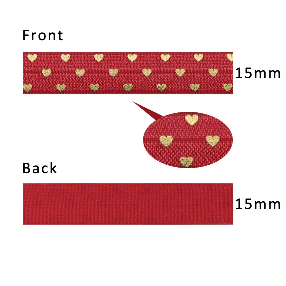 15mm gold hearts printed fold over elastic ribbon