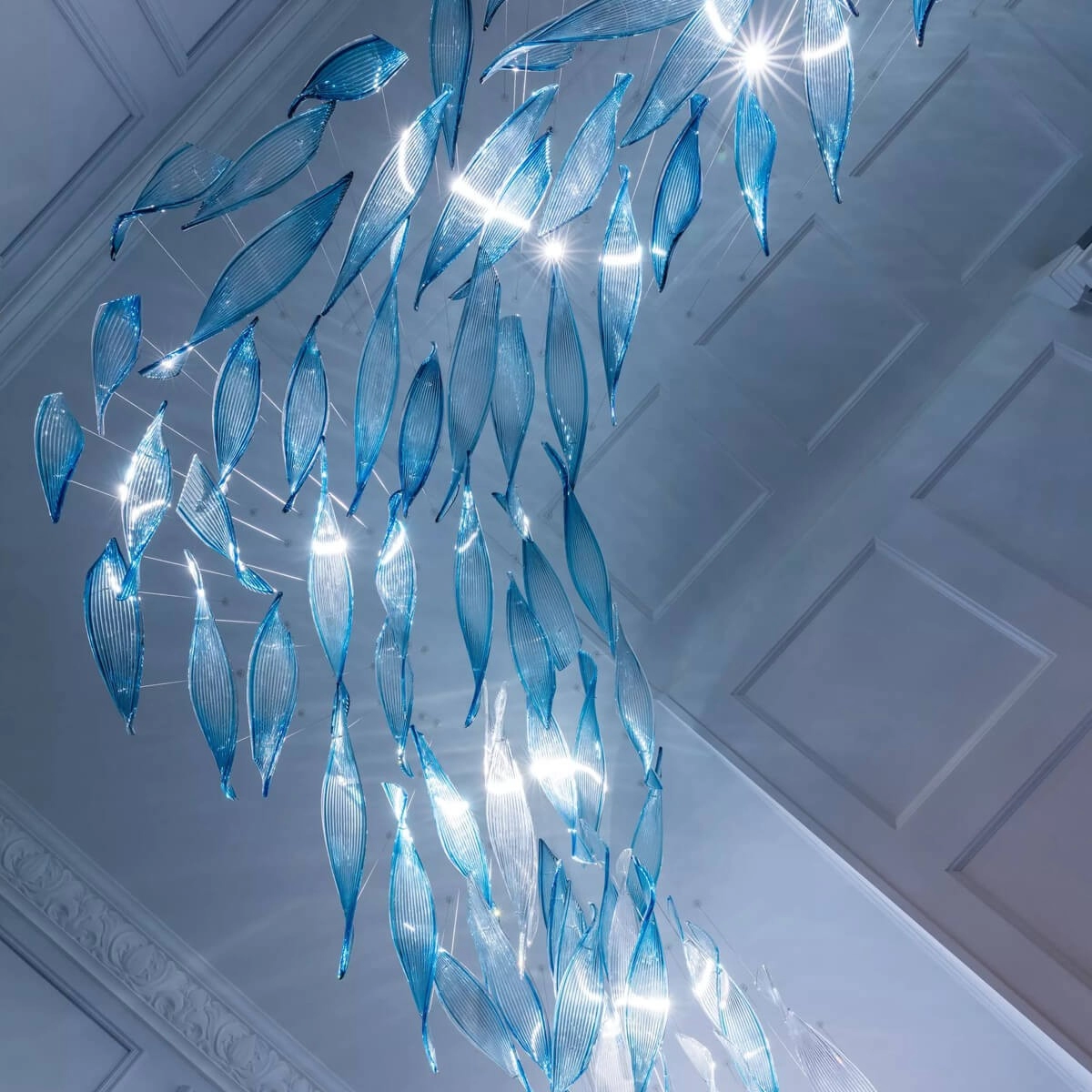 Blue art glass chandelier for hotel lobby