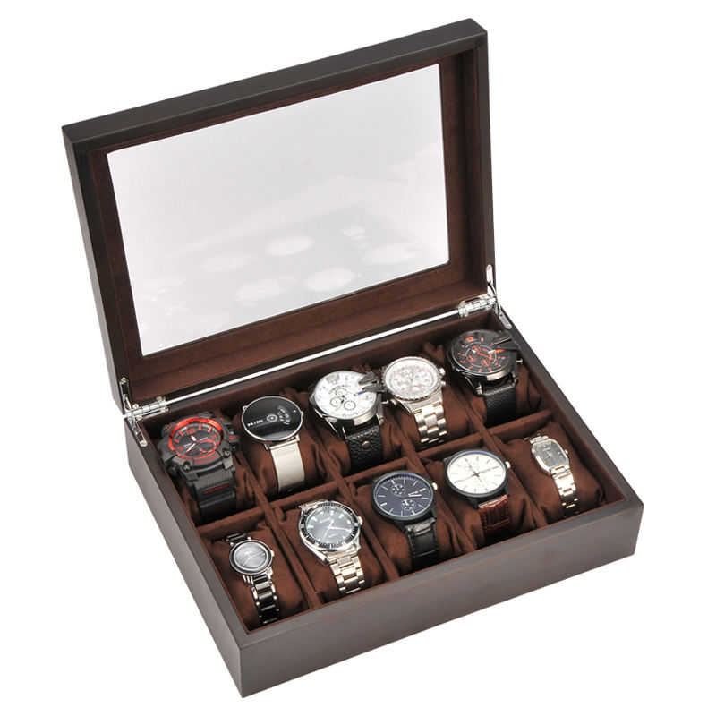 10-slot wooden brown velvet pillow watch box