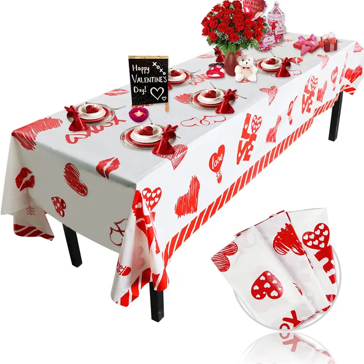 Wholesale Valentine's Day Plastic Tablecloth Decorations Disposable Thick Heart Shape Rectangular Table Cover Party Supplies