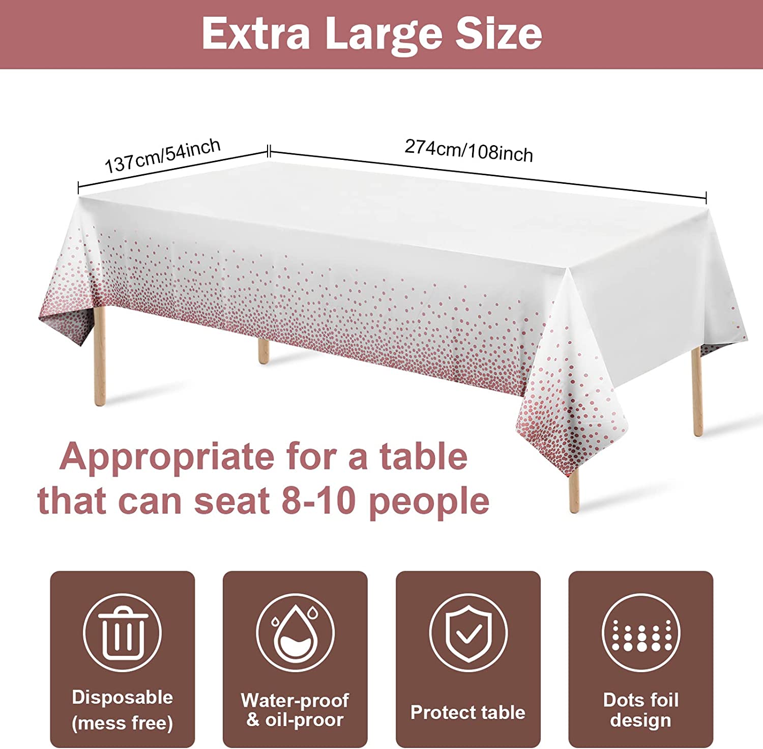 OEM Waterproof Printed White and Rose Gold Dot Plastic Table Cover