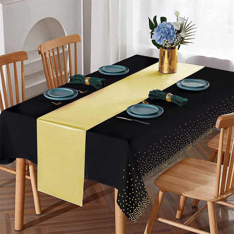 Black and Gold Dot Tablecloth Gold Satin Table Runner for Wedding Birthday