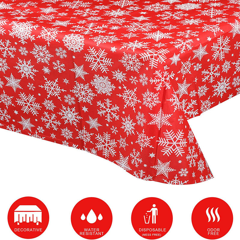 Disposable Red Plastic Christmas Tablecloth with White Snowflakes