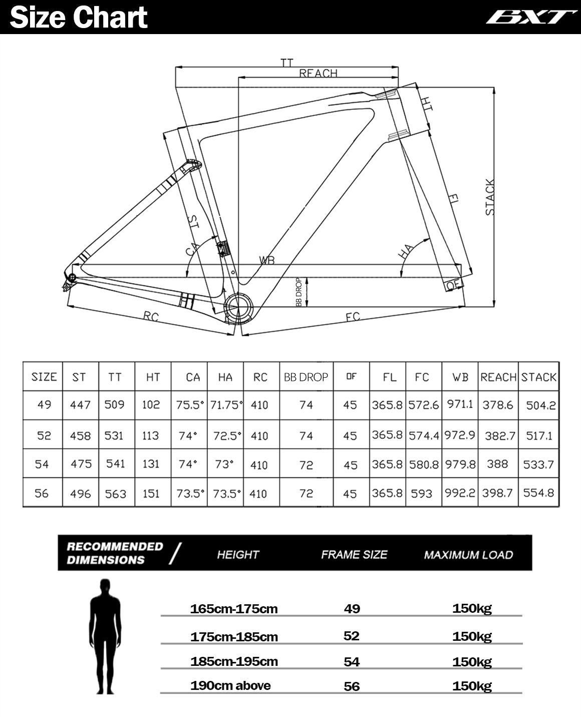 disc road bicycle frame size chart