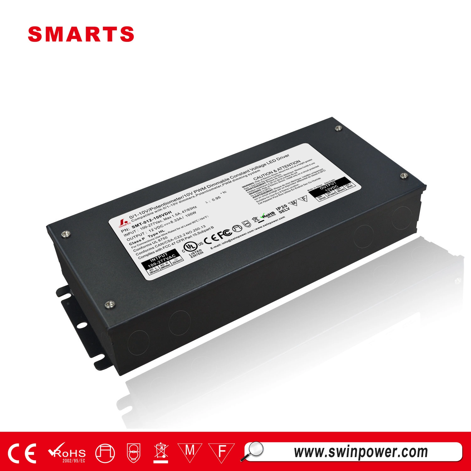 UL certificate 277v 12 volt 5A 100W 0-10V dimmable power supply led driver