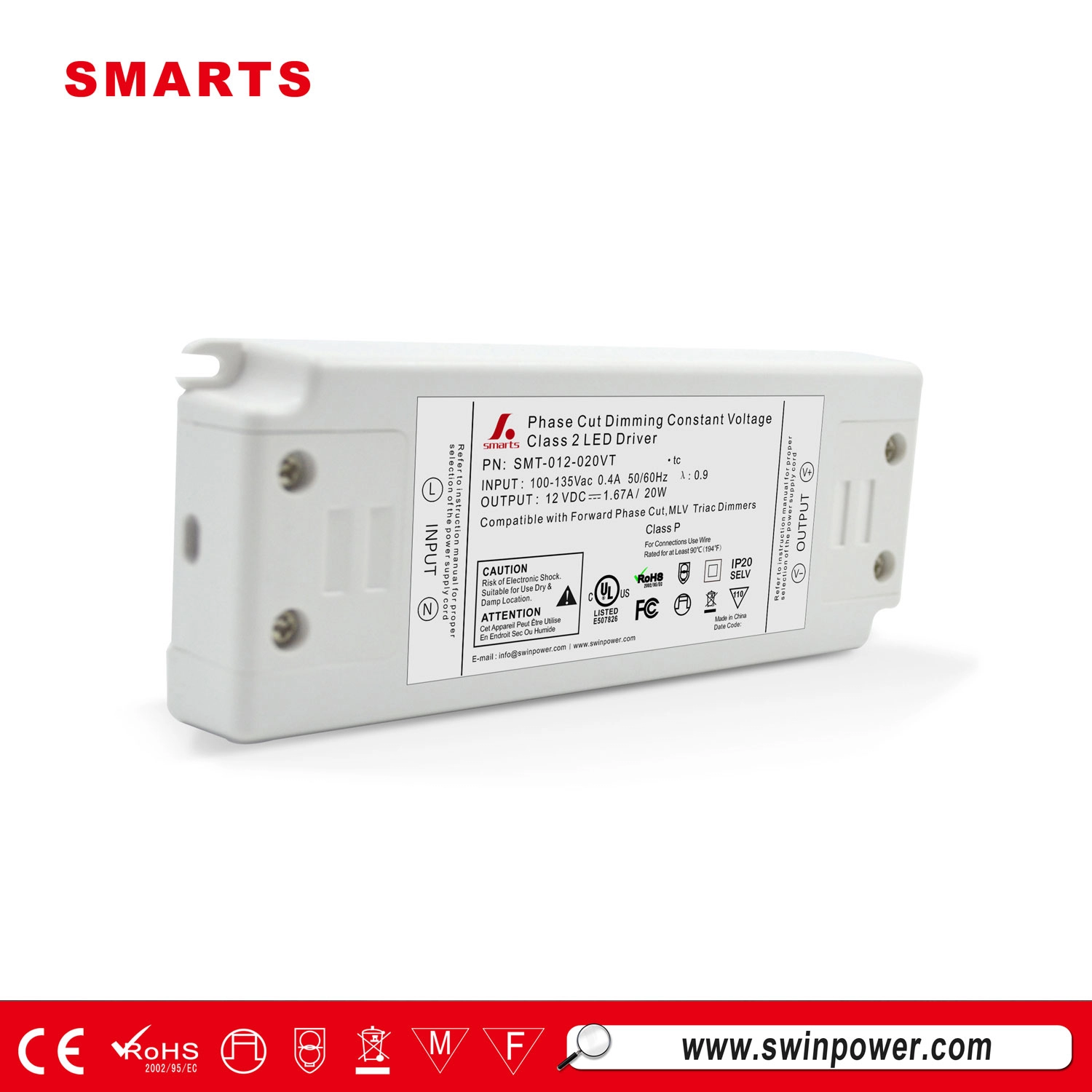 Class2 power supply 12v 20w triac dimmable led driver with UL CE ROHS FCC approval