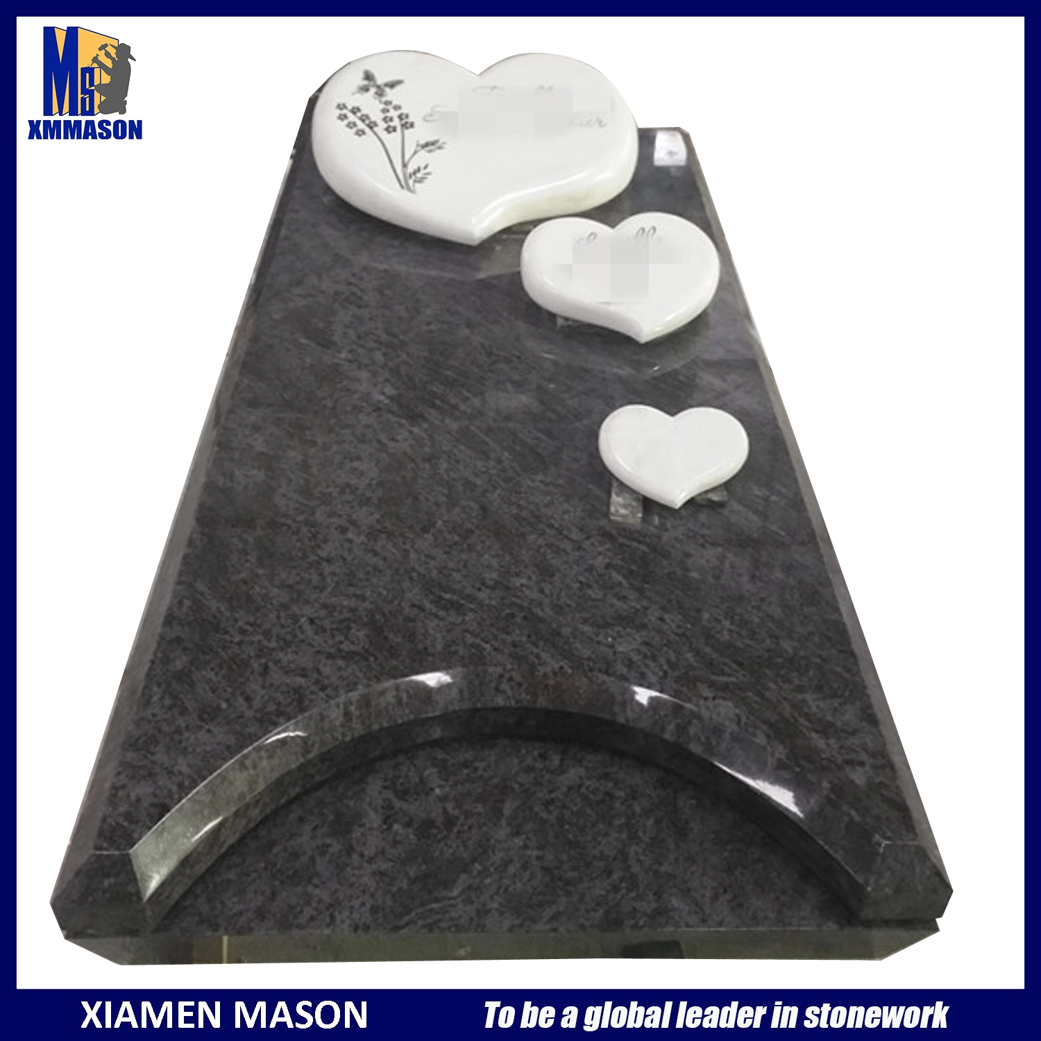 Mason Customized Headstone with Carving Heart in White Marble and Mass Blue