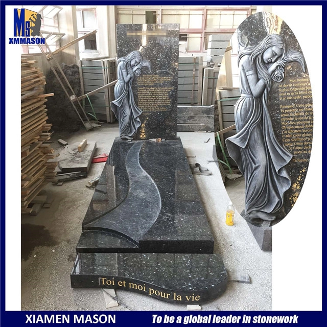 Blue Pearl Granite Tombstone with Carving Virgin Inscriptions