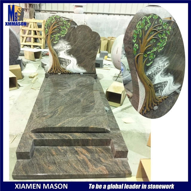 French Granite Himalaya SRE Tombstones with Carved Tree and Line engraving