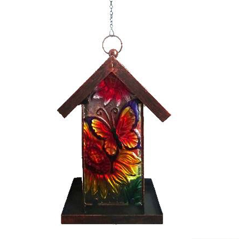 Stained Glass And Metal Solar Bird Feeder Hanging Garden Decor