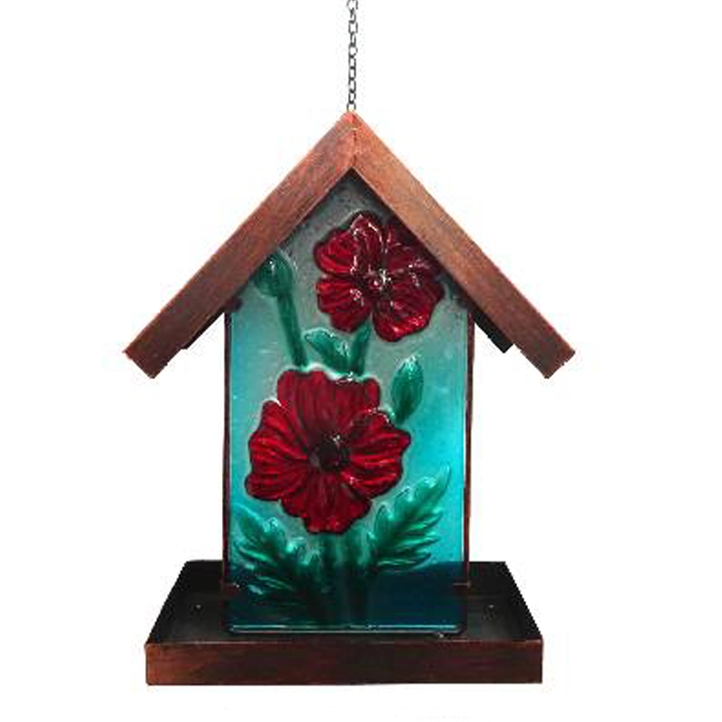 Flower  Glass Deco & Metal Hanging Solar Bird Feeder / House