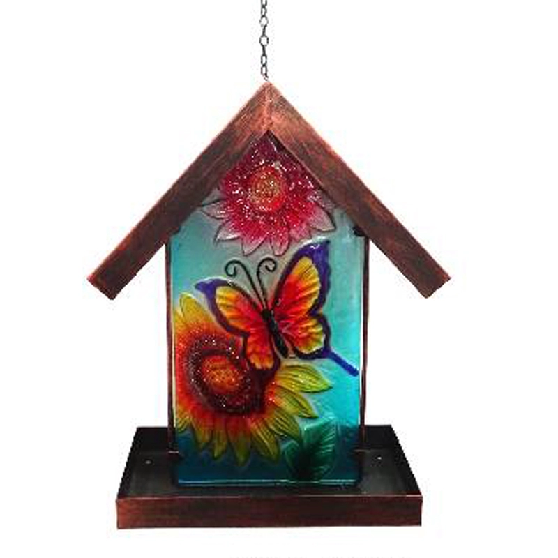 Glass Butterfly Bird Feeder - Outdoor Hanging Solar Lawn Ornament, Yard Art