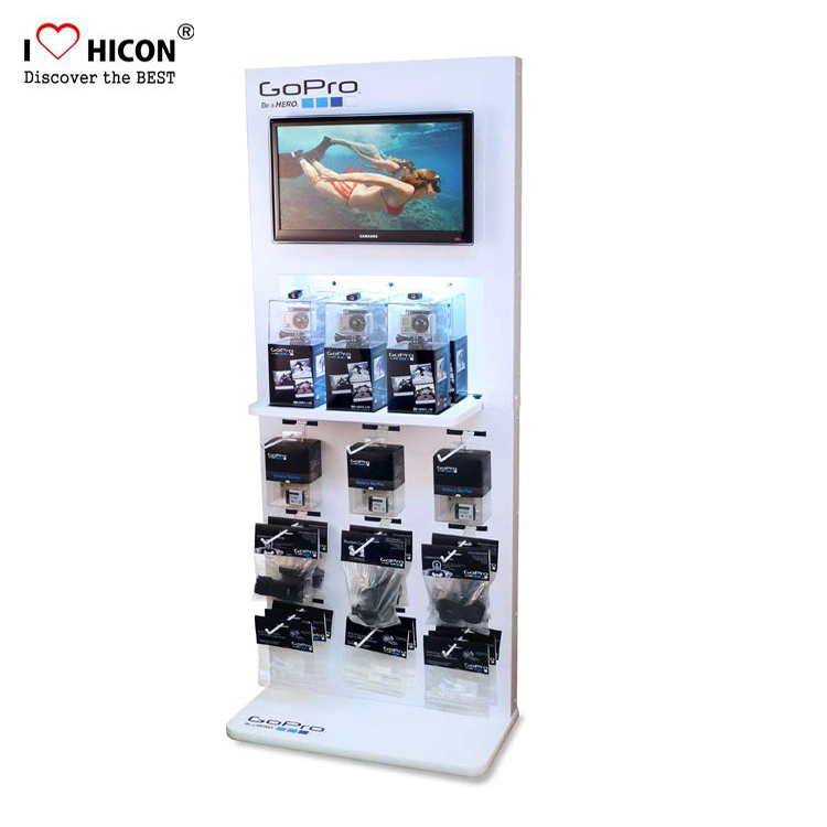 Attractive White Floor Camera Display Rack with Screen And Backlight