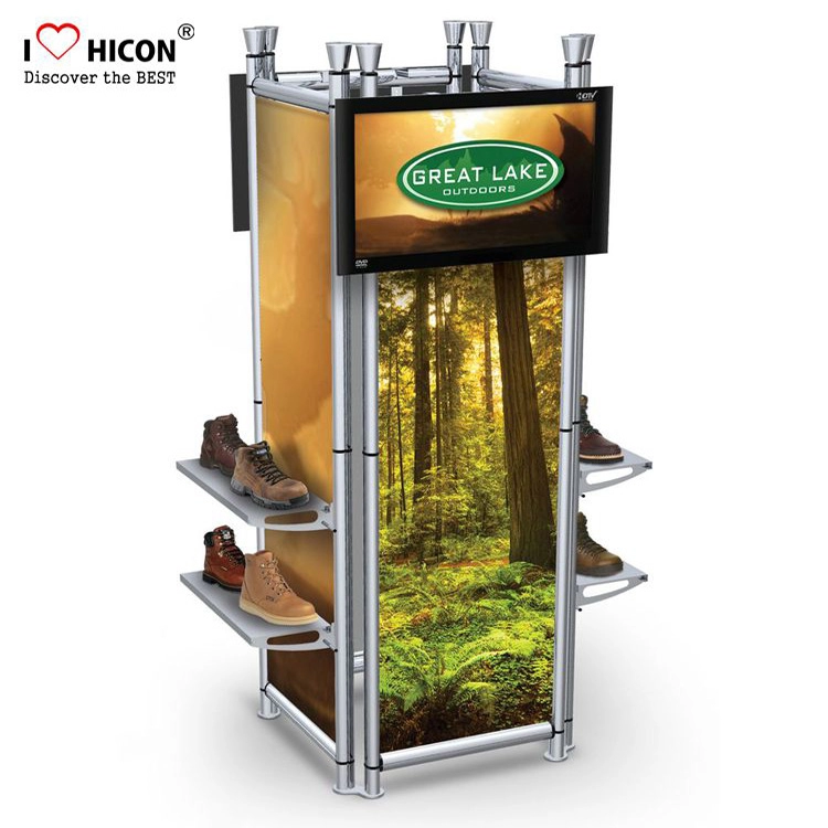 4 Side Natural Customized Floor Shoes Display Stand With Screen