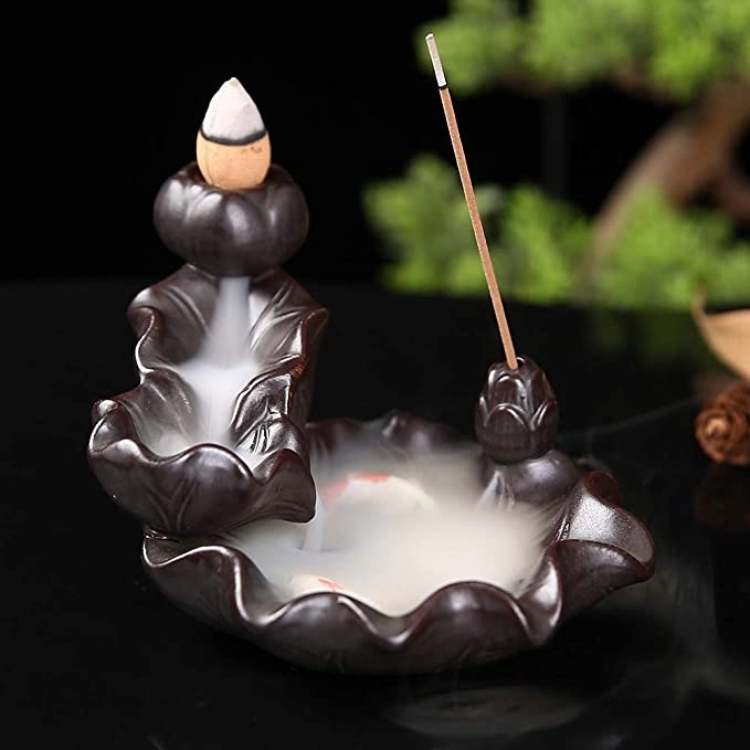 Handmade Ceramic Waterfall Incense Burner Holder Koi Fish Home Decoration