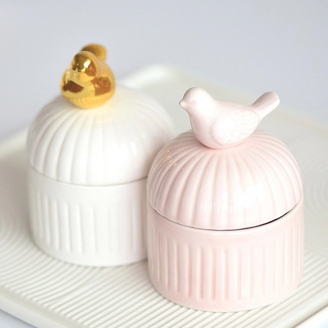 Golden Ceramic Jewelry Box with Bird Cover Storage Girl Heart Gift