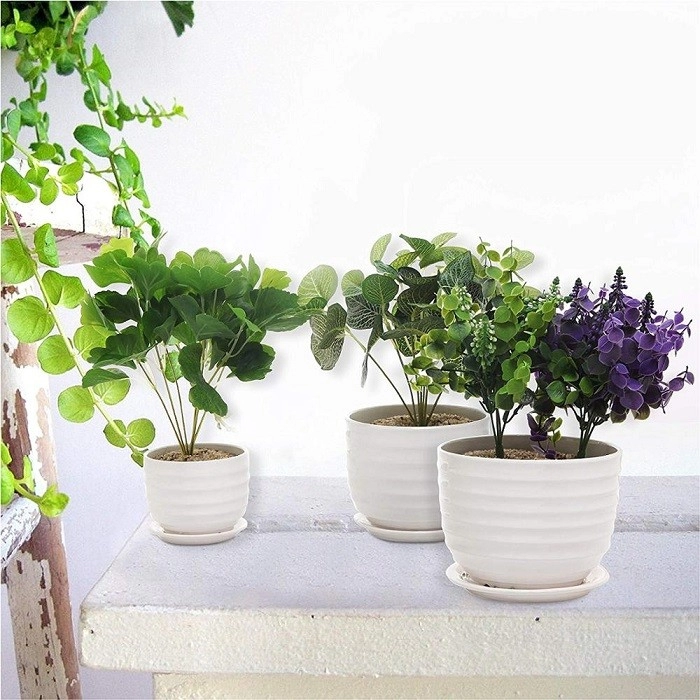 Round Glazed White Ceramic Garden Flower Pots Indoor with Saucers  set of 3