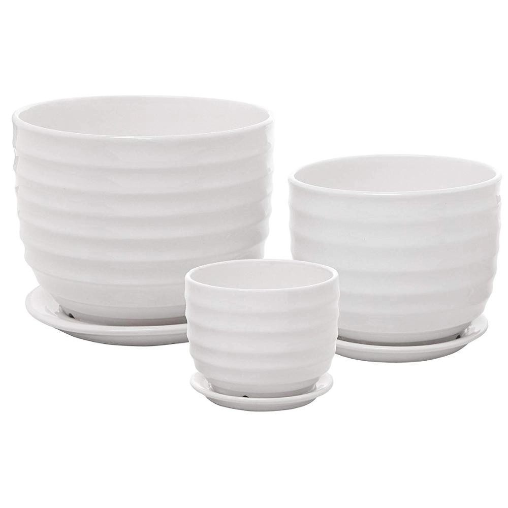 Round Glazed White Ceramic Garden Flower Pots Indoor with Saucers  set of 3