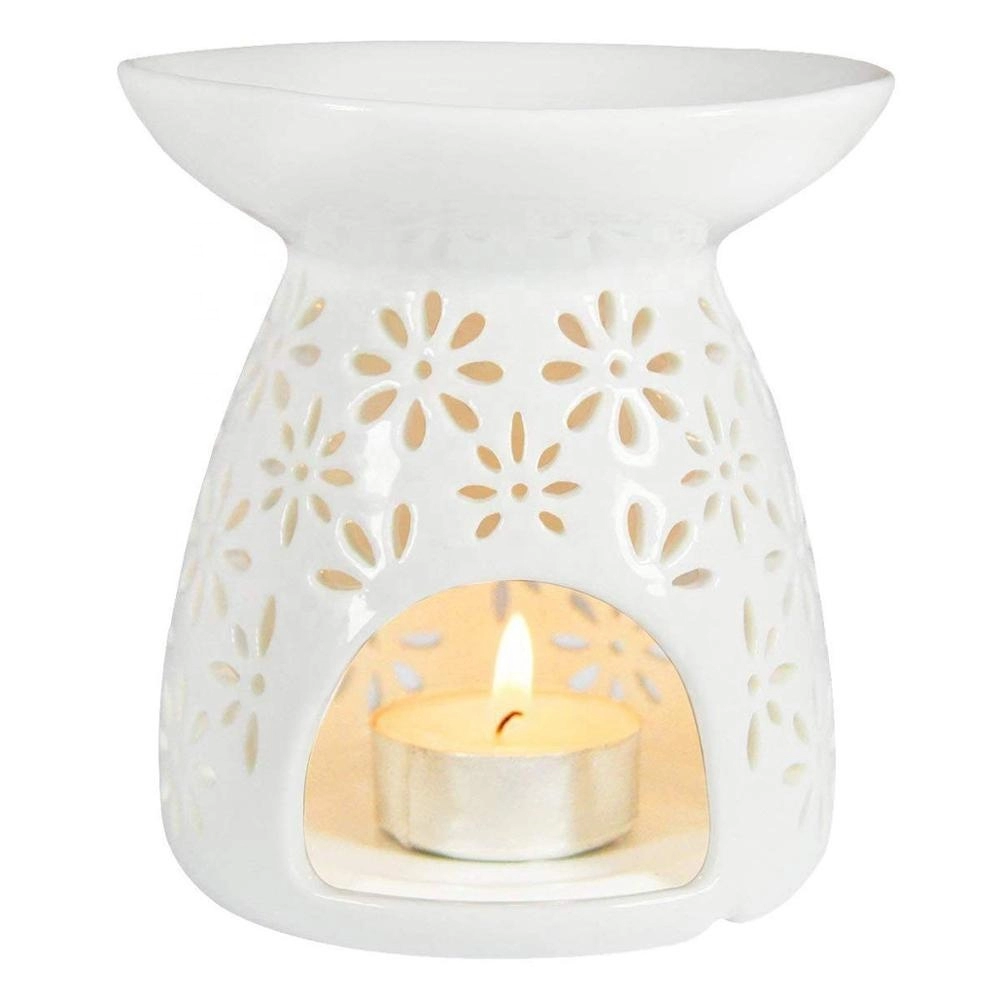 Vase Shaped Milk White Ceramic Hollowing Floral Aroma Candle Warmers Oil Diffuser Burner