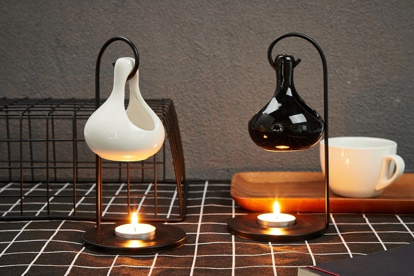 Folk Art Porcelain Tear Drop Metal Stand Tea Light Oil Warmer