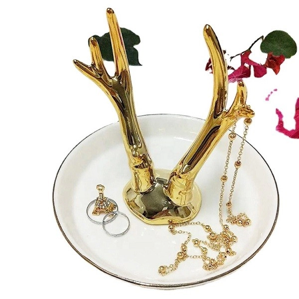 Gold Ceramic Ring Holder Handmade Jewelry Organizer Tray Trinket Dish
