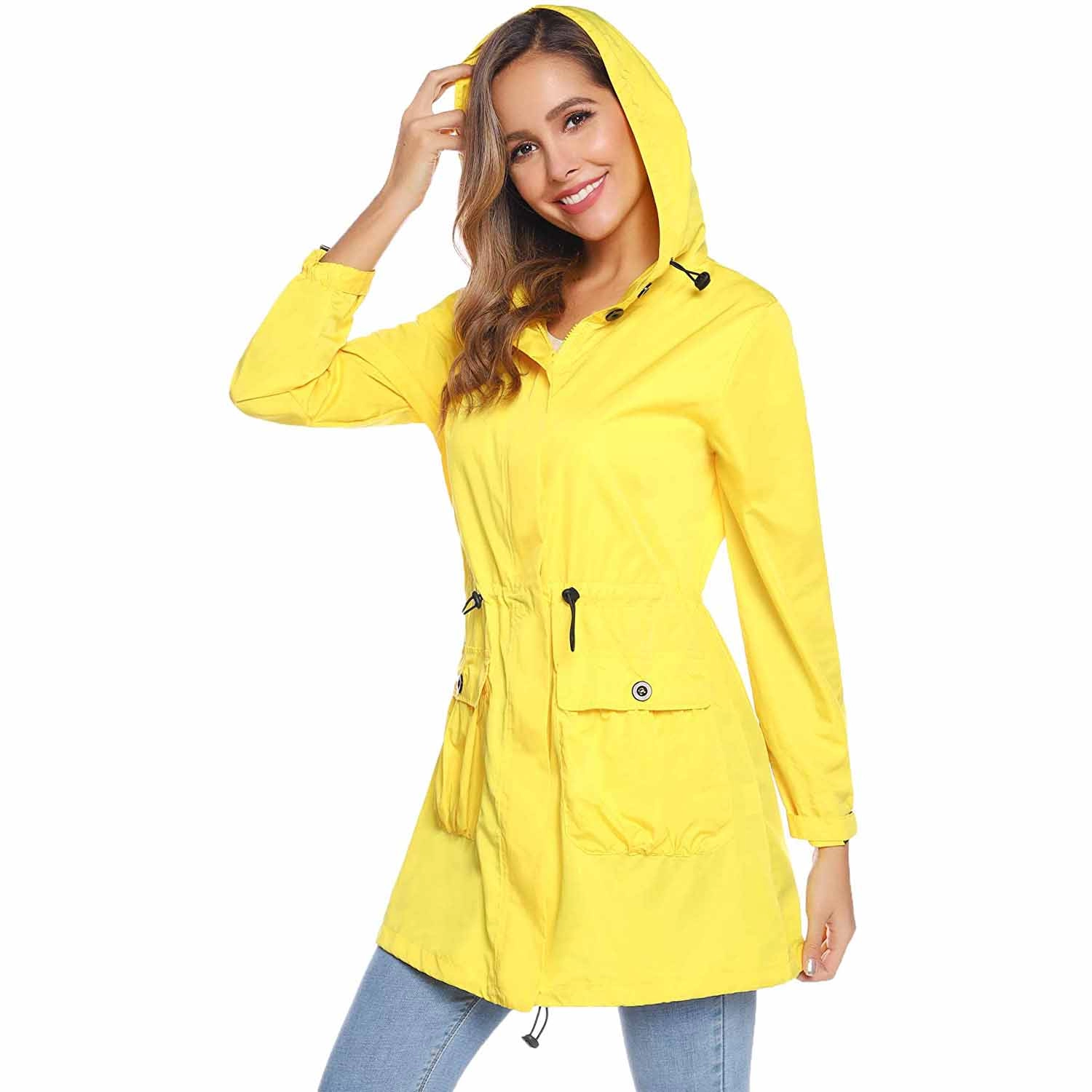 Women's Lightweight Water-Resistant Raincoat Hooded Trench Jacket With Pockets